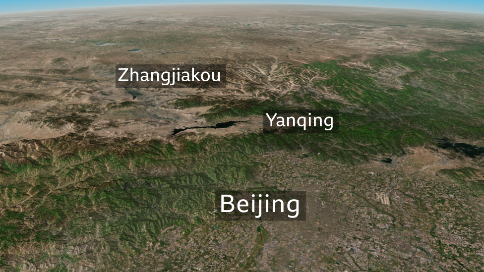 Map showing Olympic venues Yanqing and Zhangjiakou in relation to Beijing