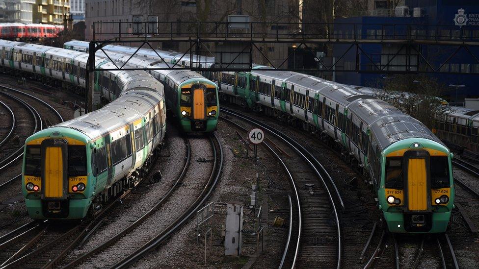 Southern Railway trains outside Victoria Station, 16 February 2017