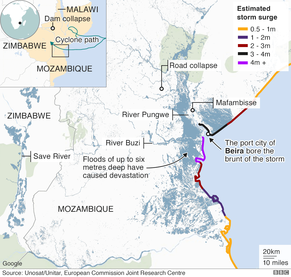 Map showing areas affected by flooding caused by Cyclone Idai