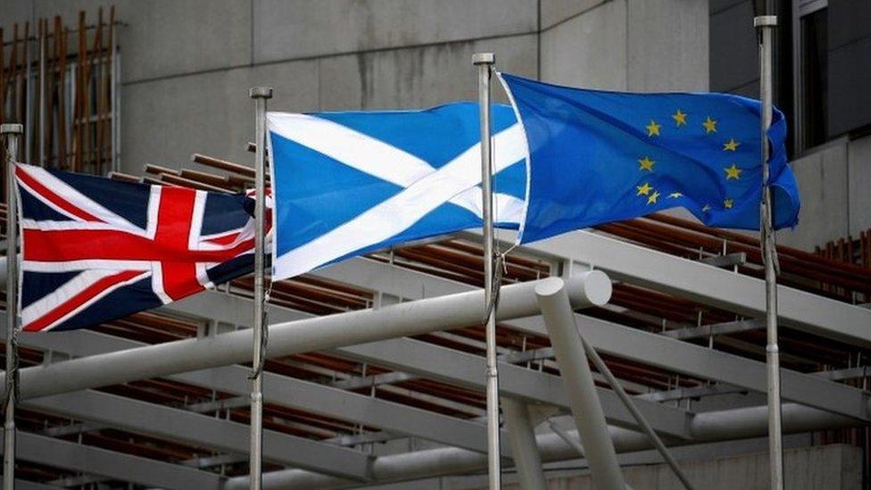 Union flag, saltire and EU flag