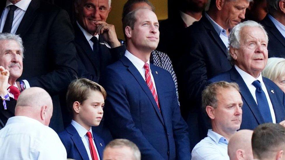 The Prince of Wales and his son Prince George in the stands before the Rugby World Cup 2023 quarter final match at Stade de Marseille, France.