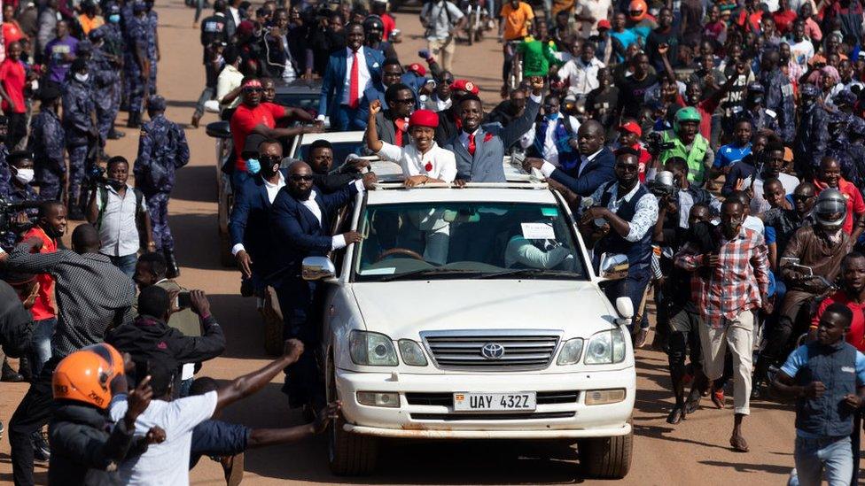 Bobi Wine parades though the streets amid crowds of supporters in Kampala, Uganda, 3 November 2020