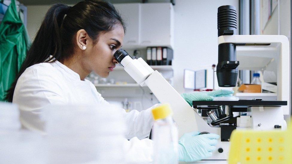 Scientist looking through a microscope