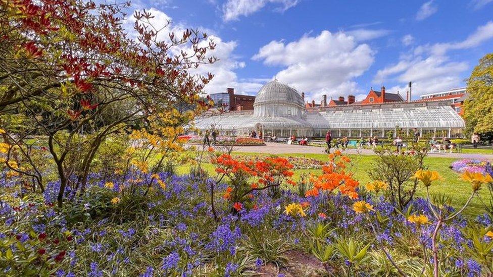 Botanic Gardens in Belfast - the glass house is seen in the centre of the photo with colourful plants in the foreground beneath a blue sky