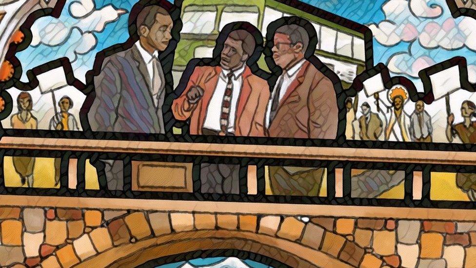 Stain glass window showing Jesus joining the Bristol Bus Boycott