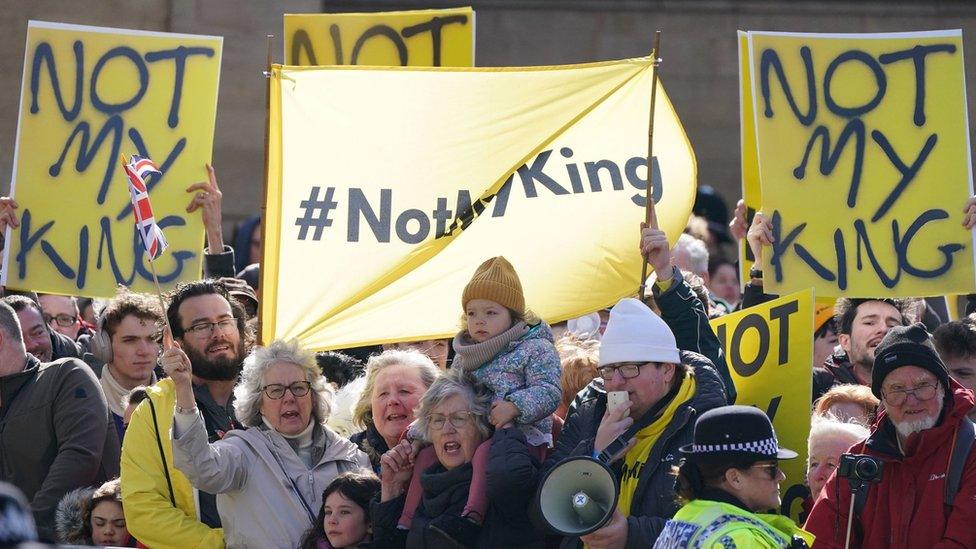 People protest ahead of King Charles III and Queen Consort attending the Royal Maundy Service at York Minster