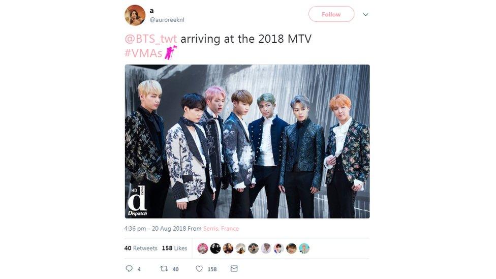 Image shows a Twitter user suggesting that BTS were appearing at the VMAs