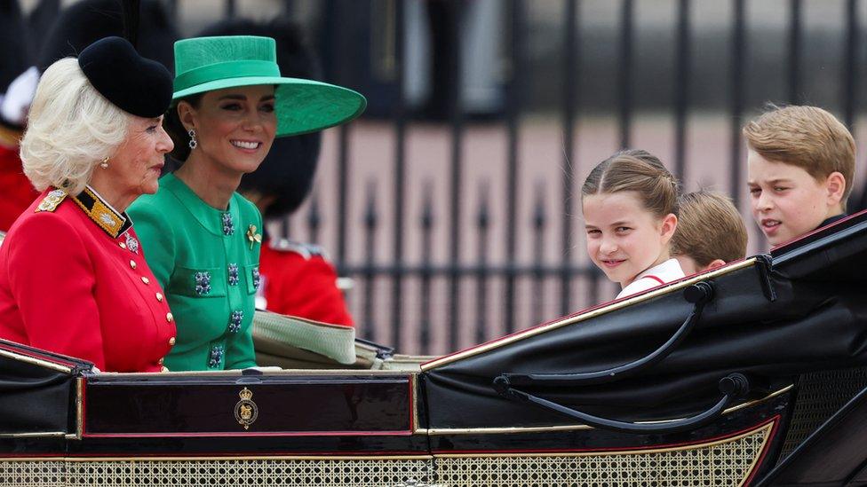 Queen Camilla, Catherine, Princess of Wales, Princess Charlotte, Prince George and Prince Louis