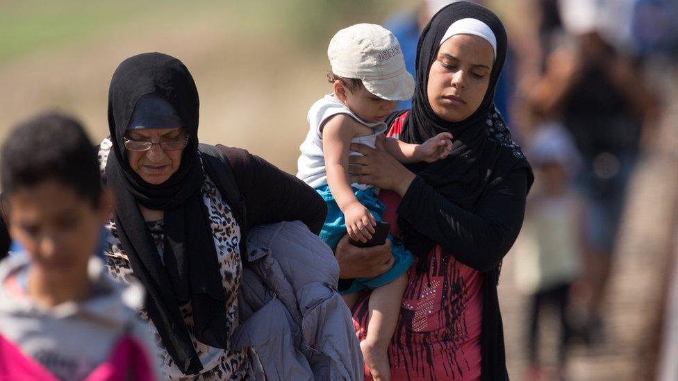 Migrants on railway track in Hungary, 28 Aug 15