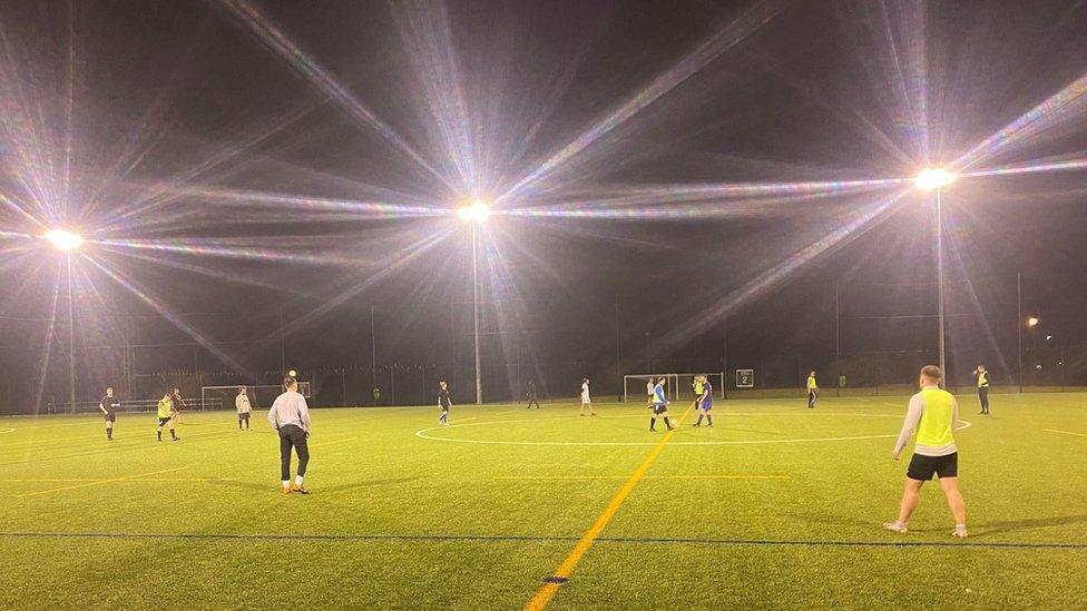 Football match in Milton Keynes at night