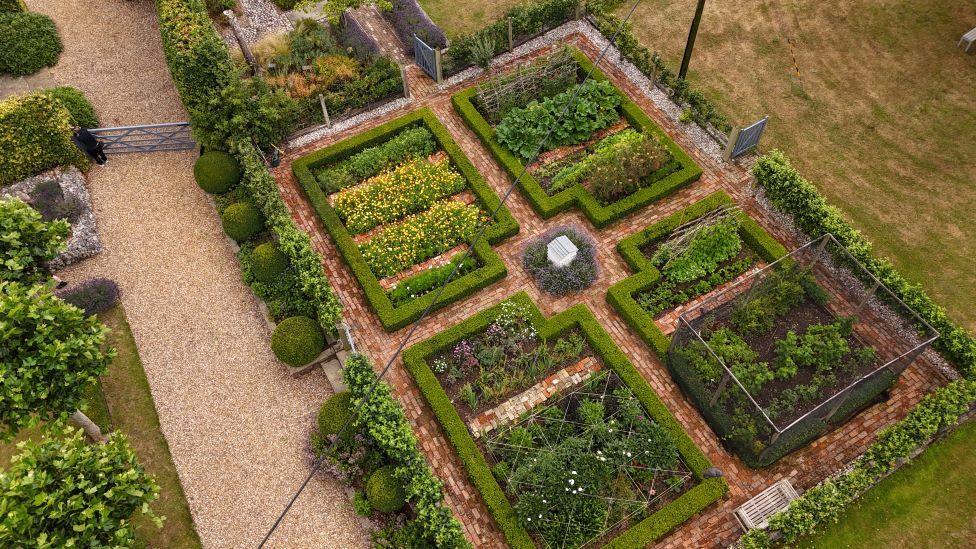 Aerial drone photograph of part of the garden from above where hedges separate wild flowers and vegetable patches.