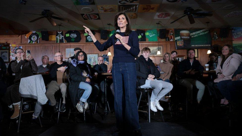 Republican presidential candidate and former UN Ambassador Nikki Haley speaks during a campaign event at Mickey's Irish Pub on January 09, 2024 in Waukee, Iowa