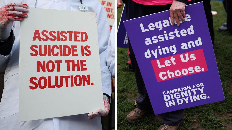 Composite image of opposing signs in favour and against assisted dying