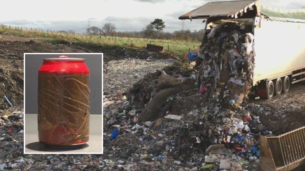 Cory Environmental's 30-hectare Hafod Landfill site, near Johnstown, Wrexham and a drink can (inset)