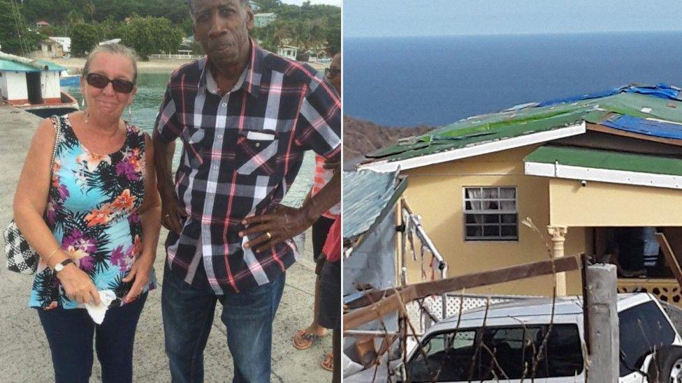 Mr Quashie's parents and their house with its hurricane-damaged roof