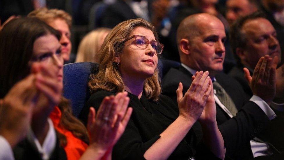 Cabinet members Britain's Digital, Culture, Media and Sport Secretary Michelle Donelan (L), Britain's Leader of the House of Commons Penny Mordaunt (C) and Britain's Conservative party chairman, and Minister without Portfolio Jake Berry