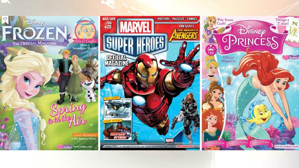 Magazine covers of Frozen, Marvel Super Heroes and Disney Princess