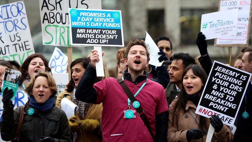 Protesters outside St Thomas' Hospital in London as junior doctors go on strike for 24 hours