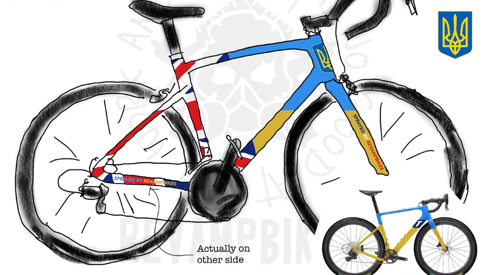 Sketch of design by RevampBikes showing Union Jack and Ukrainian flag on the bike