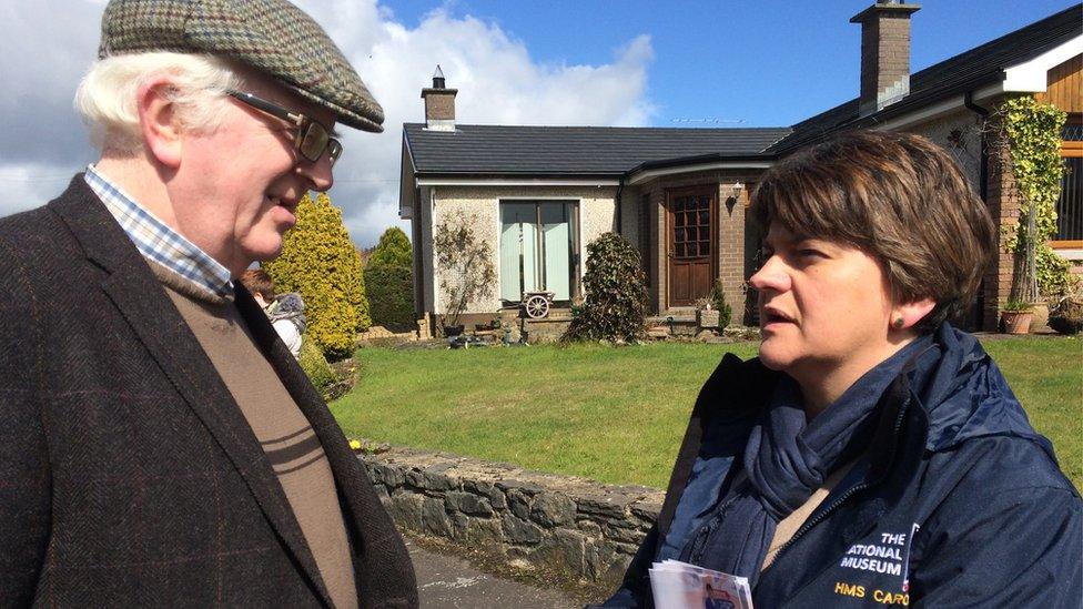 DUP election candidate Arlene Foster speaking to a constituent