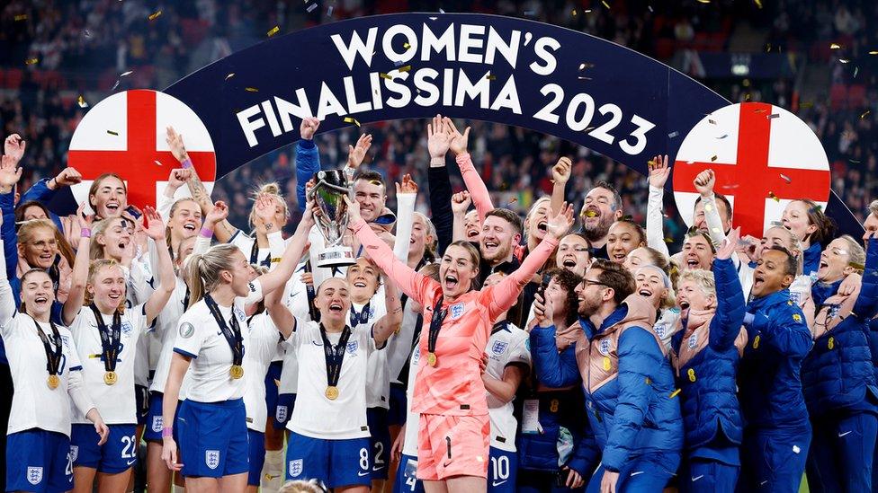 England team lift the Finalissima 2023 trophy at Wembley Stadium