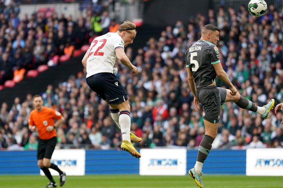 Kyle Dempsey scores Bolton's first goal against Plymouth Argyle in the Papa Johns Trophy final at Wembley in April 2023