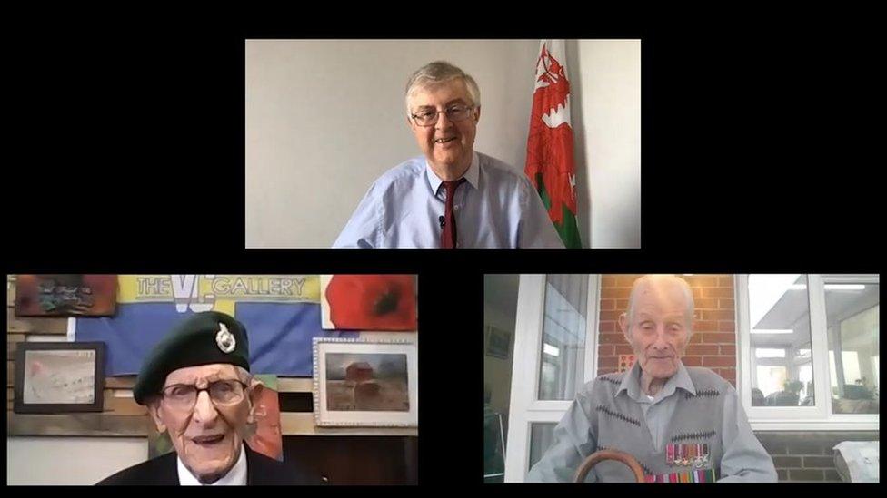 First Minister Mark Drakeford holds a video call with veterans Ted Owens (94) and Walford Hughes MBE, aged 100