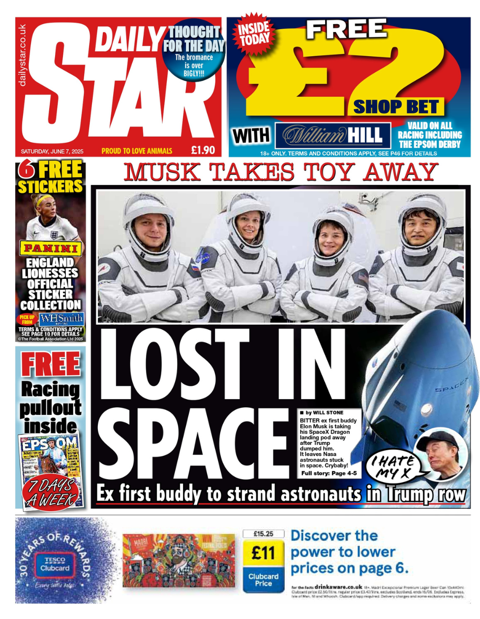 The headline on the front page of the Daily Star reads: 'Lost in Space'