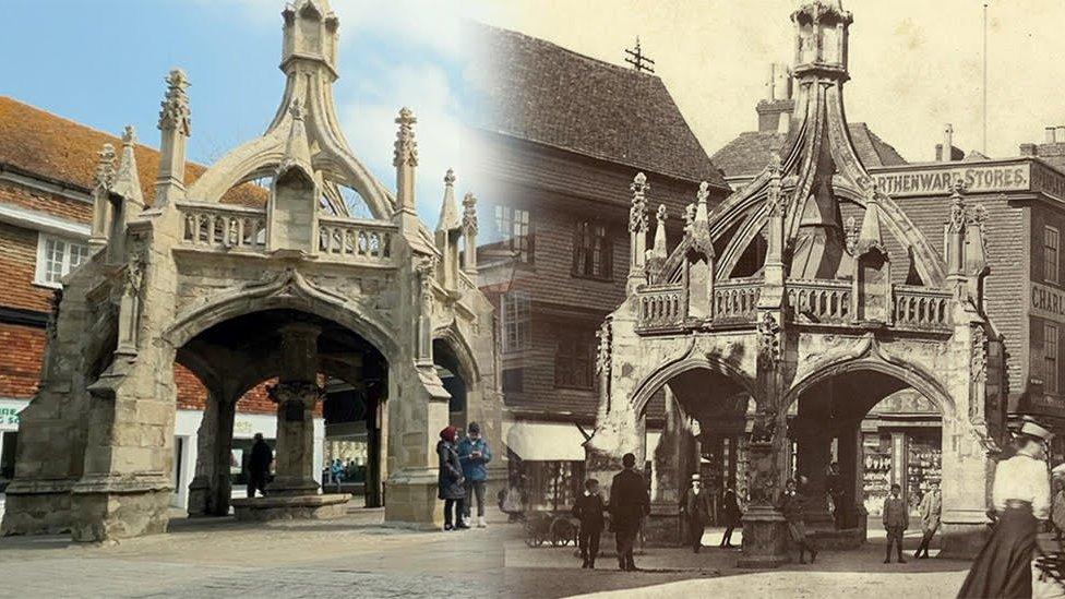 Two contrasting images of Salisbury's Poultry Cross