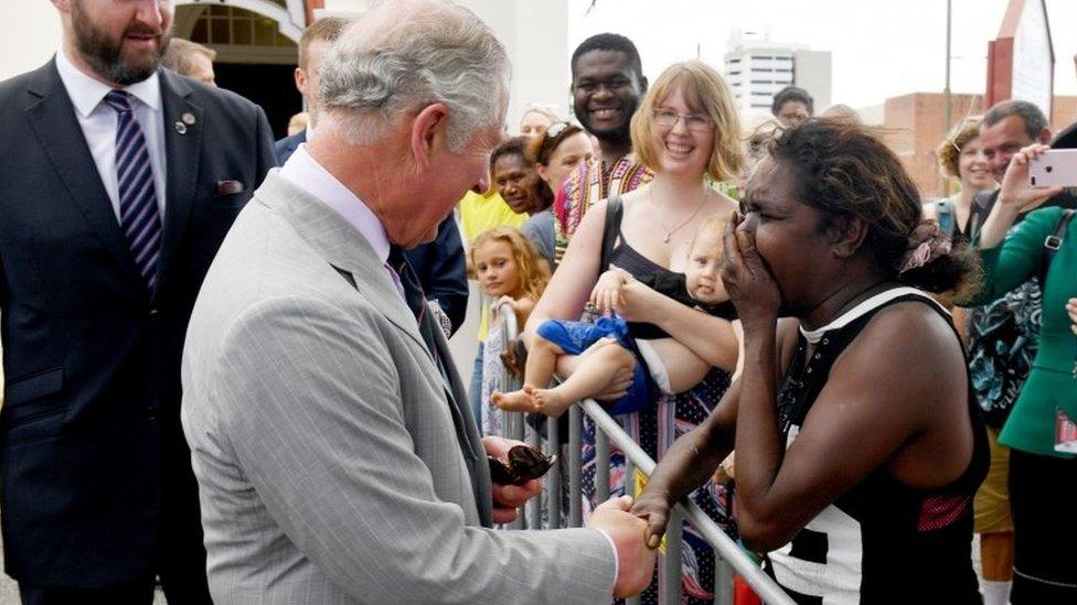 Prince Charles meeting Elizabeth Kulla Kulla after a church service at St John's Anglican Church in Cairns