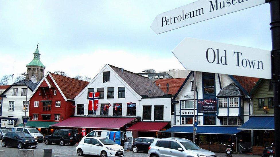 A sign points to the petroleum museum on the waterfront in the centre of Stavanger on November 12, 2015