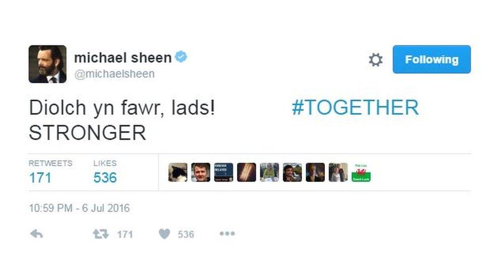 Actor Michael Sheen, who is from Port Talbot, tweeted his thanks to the team