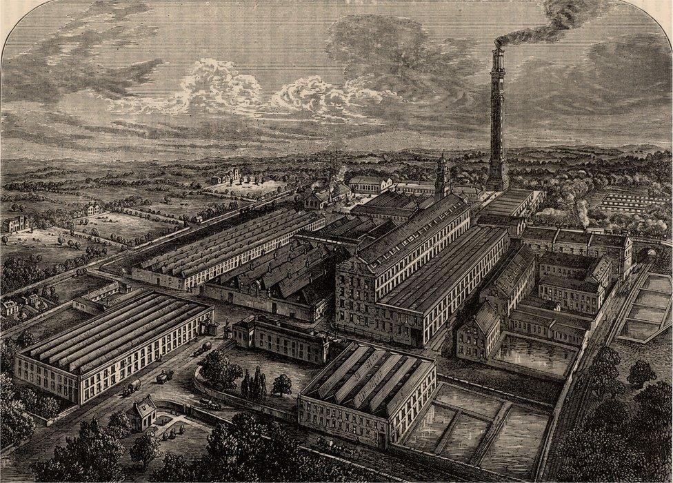 An engraving of the Camperdown jute mill from 1880