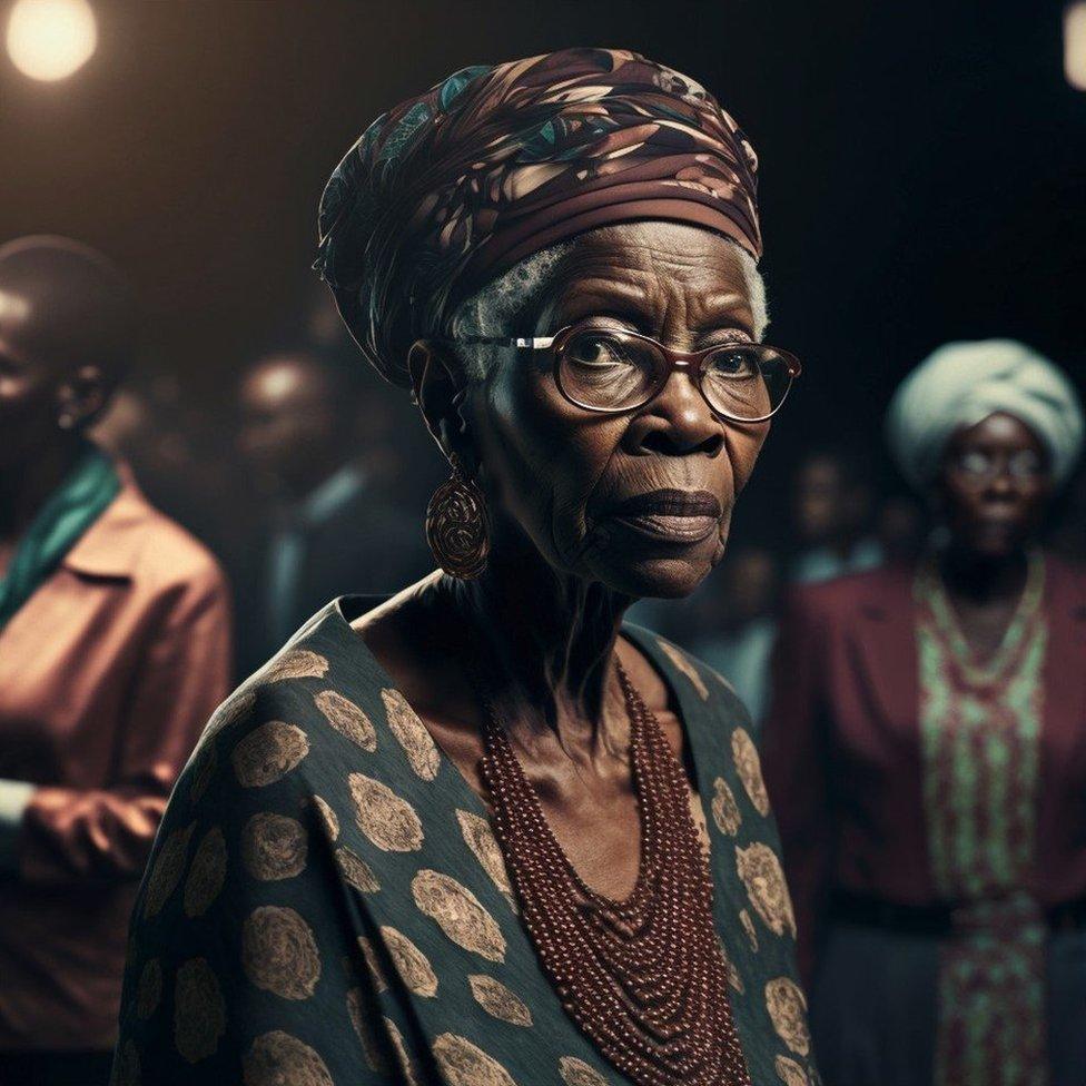 Older woman wearing traditional gele on runway