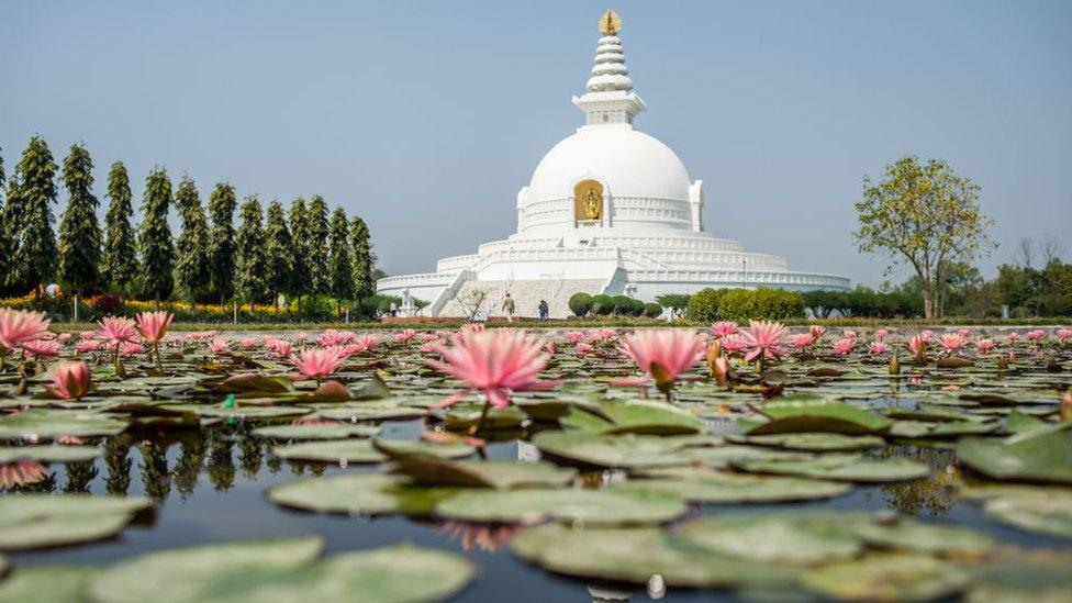 The World Peace Pagoda on the territory of the Monastic Zone, Lumbini, Nepal on March 20, 2019.