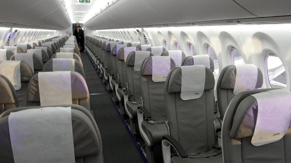 An interior view of the cabin of a Bombardier CSeries CS100 aircraft during showcase at Riga International Airport, Latvia