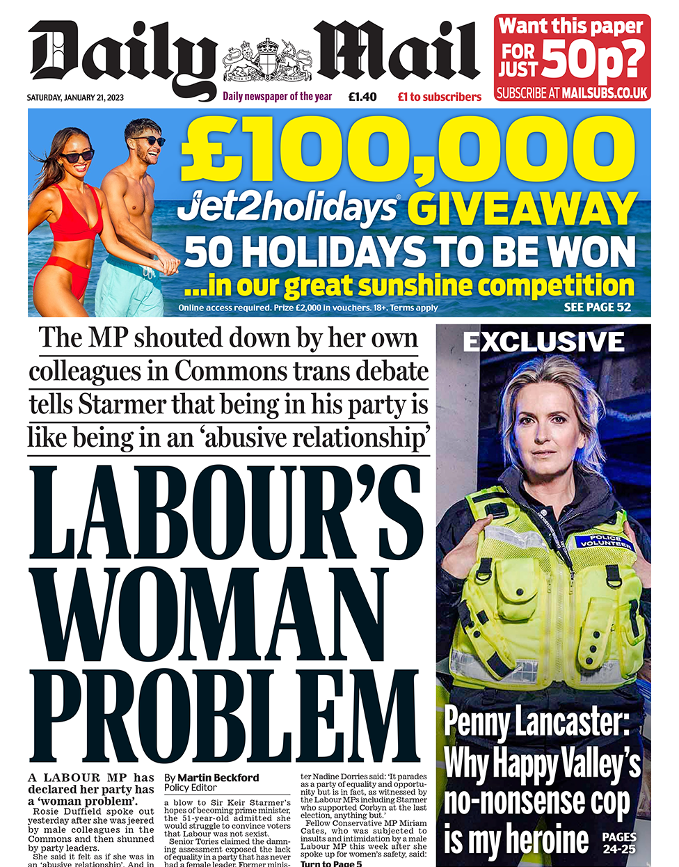 The Daily Mail's front page has a picture of model Penny Lancaster wearing a police uniform