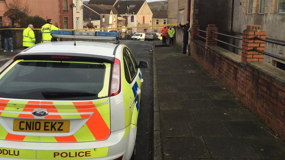 Police and utility company workers on Coronation Terrace, Nantyffyllon