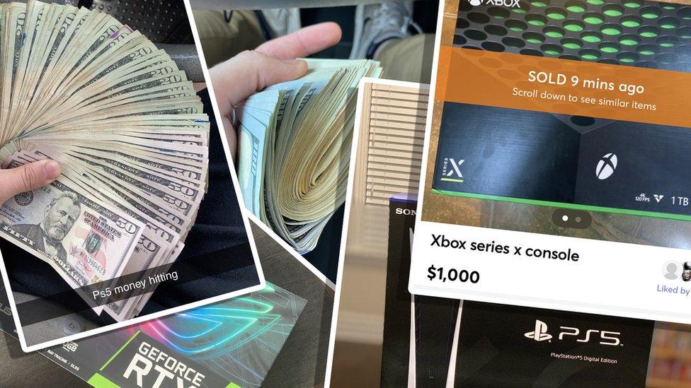 Photos of people holding large stacks of $20 and $100 bills, alongside photos of PlayStation and Xbox consoles, are shown here compiled into an illustration so they look like printed photographs scattered on a tabletop