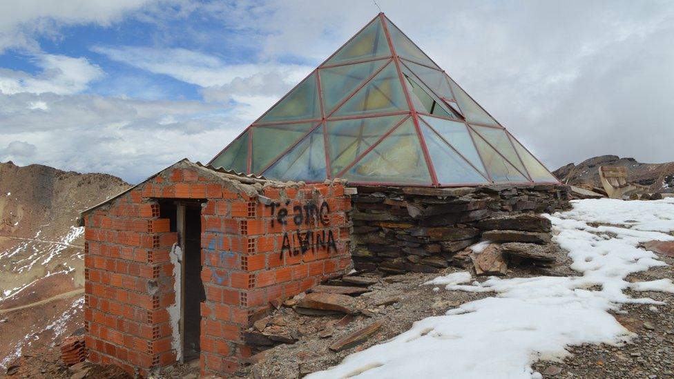 View of an abandoned building at the Chacaltaya ski resort in Bolivia