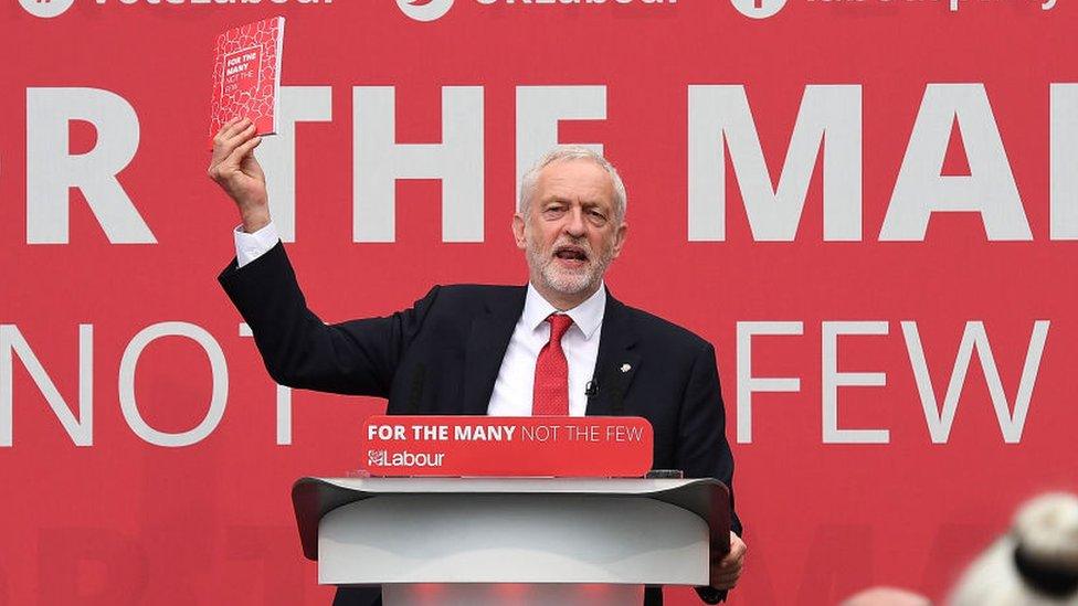 Labour leader Jeremy Corbyn, holding up the Labour manifesto