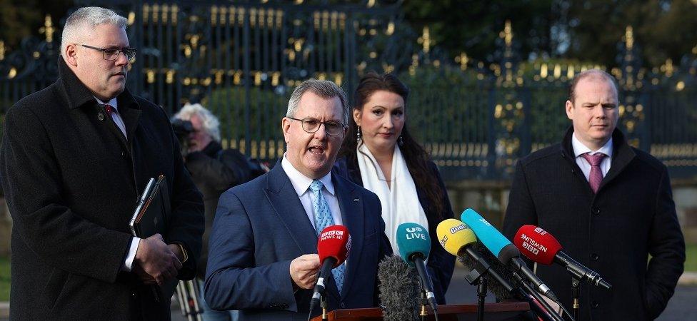 Gregory Campbell, Sir Jeffrey Donaldson, Emma Little-Pengelly, Gordon Lyons, outside Hillsborough Casttle in December 2023