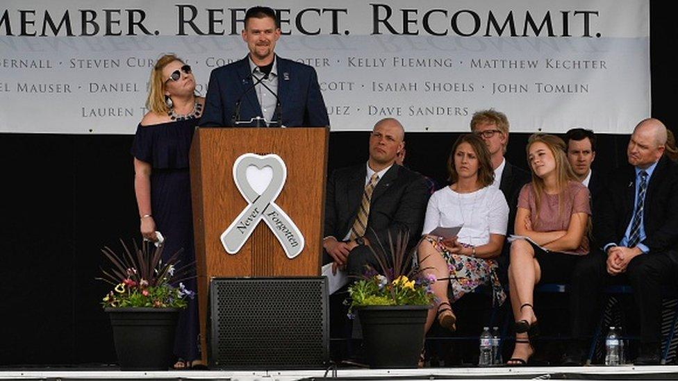 Sean Graves, a massacre survivor and 2002 graduate, speaks during the Columbine Remembrance Ceremony at Clement Park