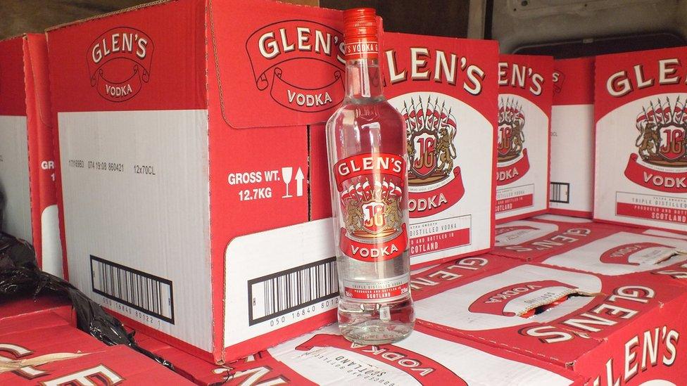 Glen's vodka with fake duty labels.