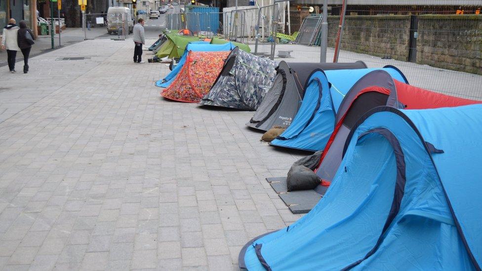 The 'tent village' outside Nottingham railway station