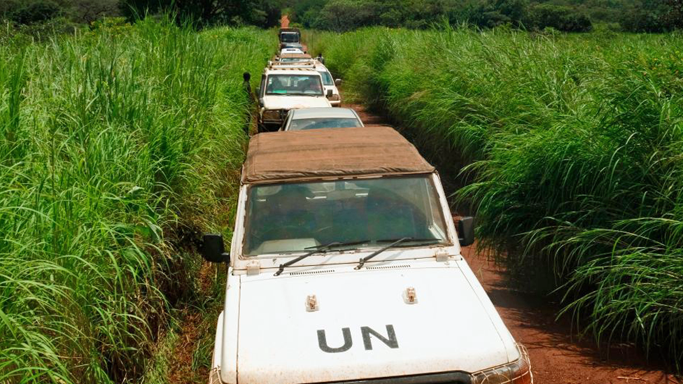 UN vehicles in convoy on the way to Bocaranga in the Central African Republic