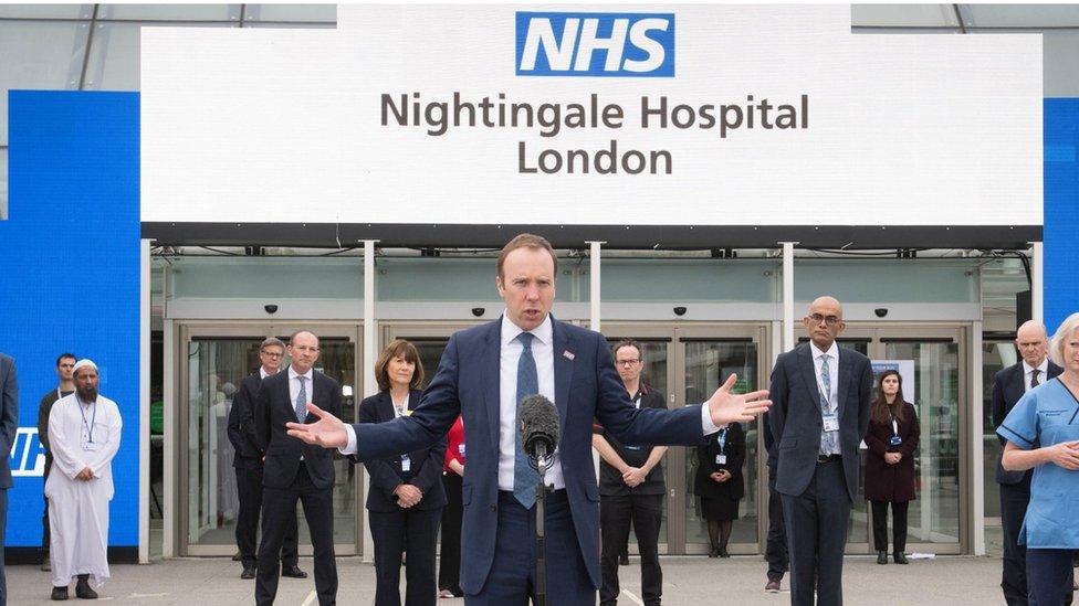 Health Secretary, Matt Hancock at the opening of the NHS Nightingale Hospital at the ExCel centre in London, a temporary hospital with 4000 beds which has been set up for the treatment of Covid-19 patients.