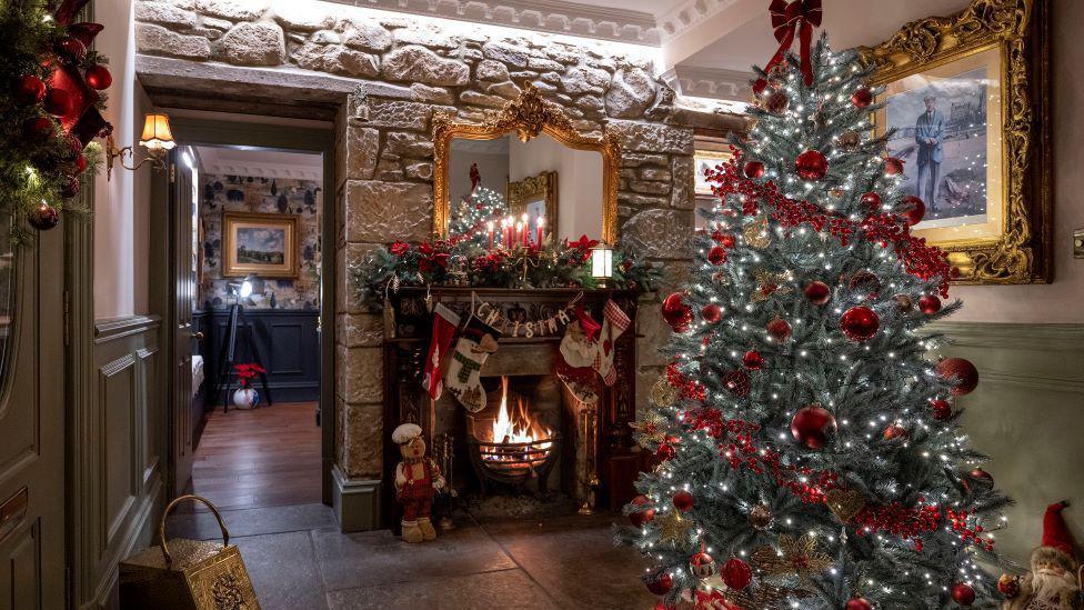 A fireplace and decorated Christmas tree adorned with decorations