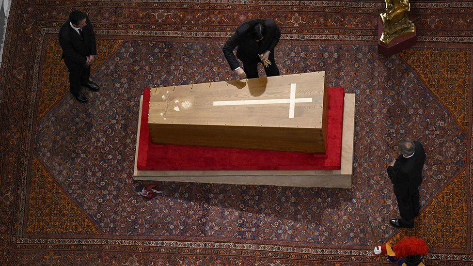 The Rite of Sealing before sealing the coffin of Pope Francis on the eve of his funeral at the St. Peter's Basilica in Vatican City, on 25 April 2025