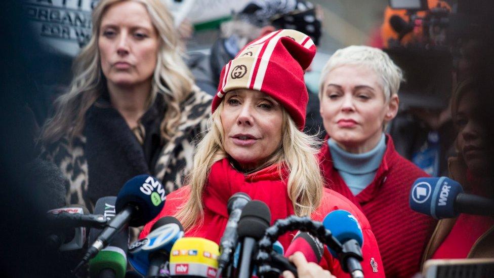 Actress Rosanna Arquette speaks with members of the media as Harvey Weinstein arrived at the Manhattan courthouse on January 6